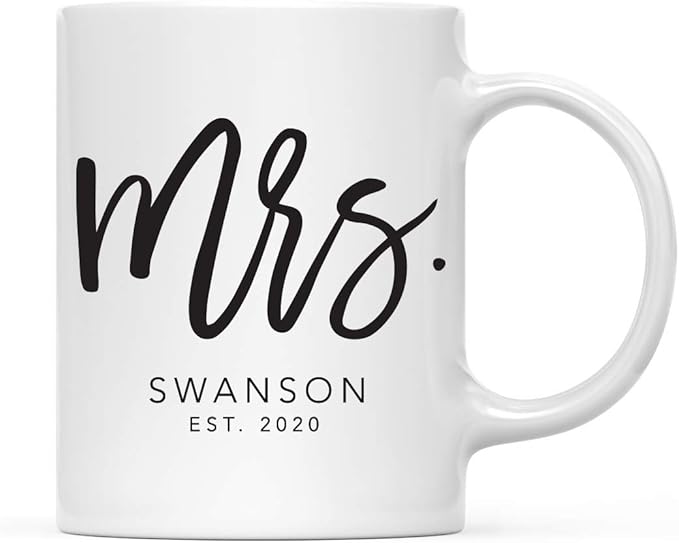 Andaz Press Personalized Name 11oz. Ceramic Ceramic Valentines Day Coffee Mugs Wedding Anniversary Couples Gift Set, Mr. Mrs. Johnson Est. 2026, Script Style, 2-Pack, Custom Names, Long Distance Gift