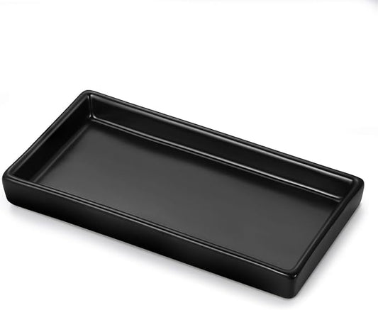 Luxspire Bathroom Vanity Tray, Mini Soap Dispenser, Small Ceramic Perfume and Jewelry Dish, Trinket Holder, Rectangle Candle Tray, Bath Organizer Kitchen Sink Narrow Soap Dish, Black