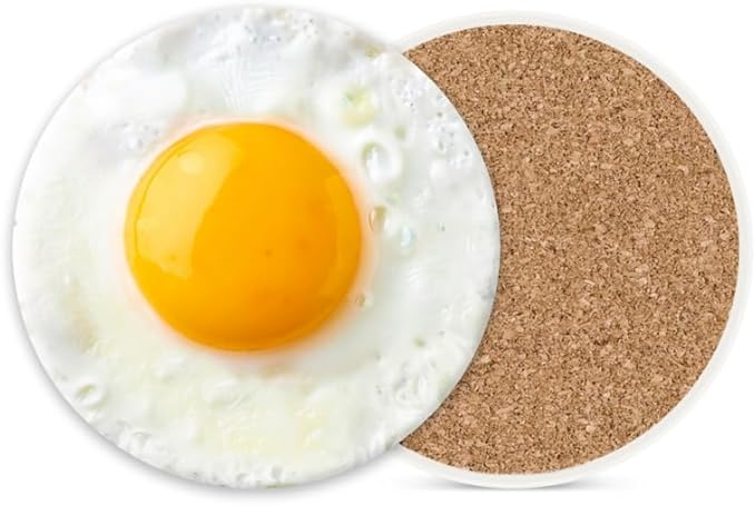 Ceramic Drink Coasters Absorbent Set of 1, Fried Egg Round Anti Slip Modern Cup Coasters for Desk Kitchen Office Housewarming Hostess Gifts (4 * 4 Inch)