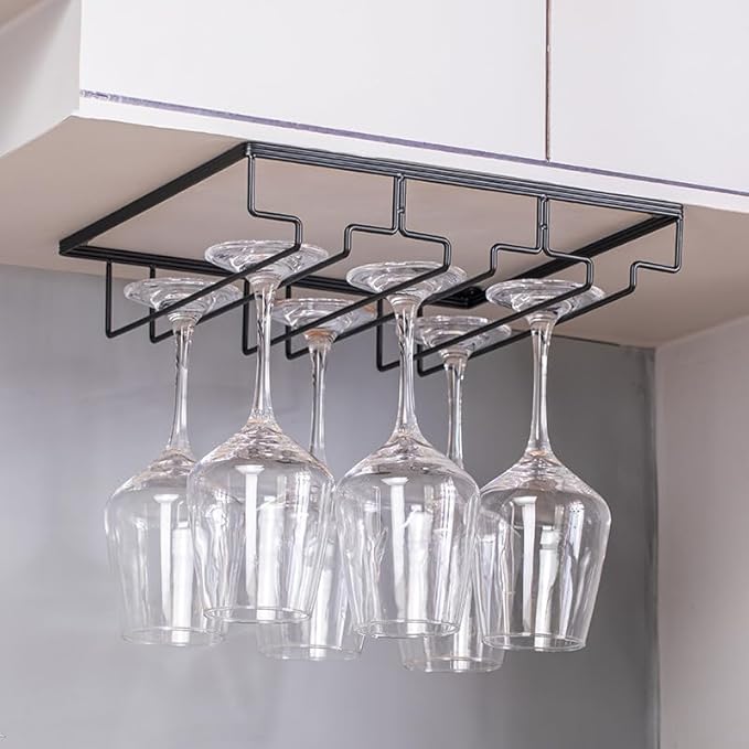 Wine Cup Holder Table Decoration Storage Hanger Metal Organizer for Bar Kitchen Stemware Rack Under Cabinet Stainless Steel Hanger Storage Shelf Black (Black, 3 Rows 1 Pack)
