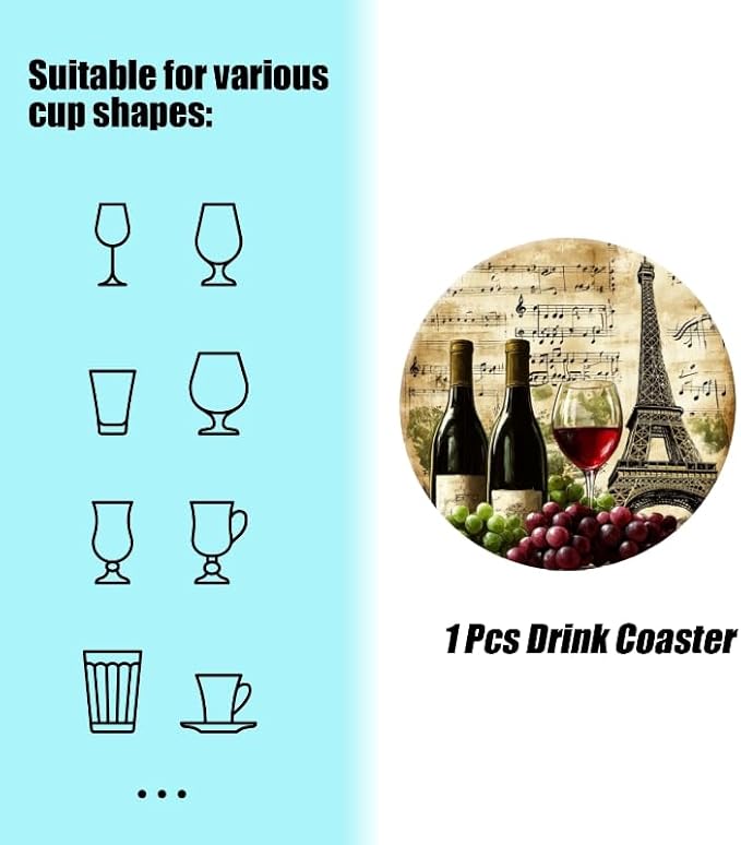 Ceramic Drink Coasters Absorbent Set of 1, Wine Grapes and Eiffel Tower Round Anti Slip Modern Cup Coasters for Desk Kitchen Office Housewarming Hostess Gifts (4 * 4 Inch)