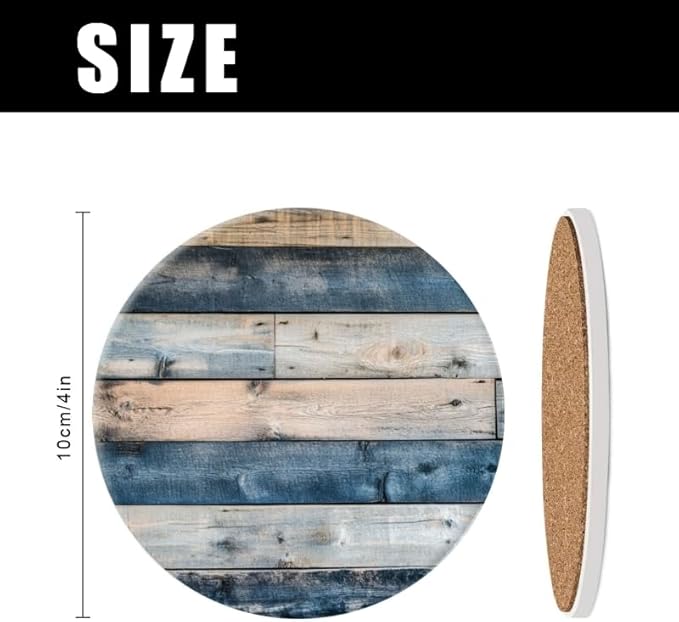 Ceramic Stone Coasters for Drinks Set of 1, Blue and Brown Wooden Wall Pattern Round Absorbent Cup Coasters Protection for Coffee Table Kitchen Counter Decor (4 * 4 Inch)