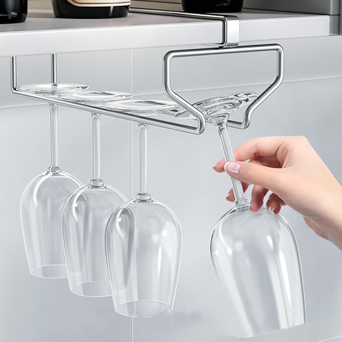 Wine Glass Rack Under Cabinet, Hanging Stemware Rack, Wine Glass Holder, Wine Glasses Storage Hanger Organizer, for Kitchen Bar(Silver)