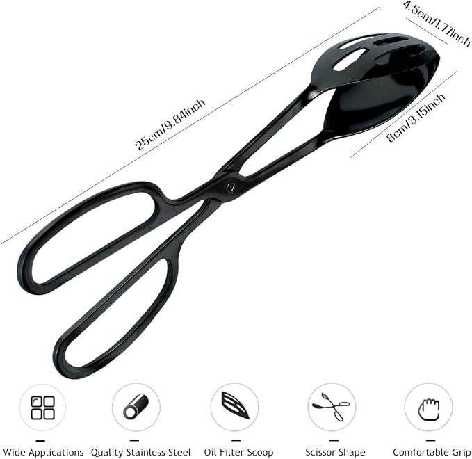 2 Pieces Buffet Salad Tongs for Kitchen Serving and Cooking, Stainless Steel Food Scissor Tongs, Catering Utensil for Bread Cake Bake Steak Barbecue (Black)