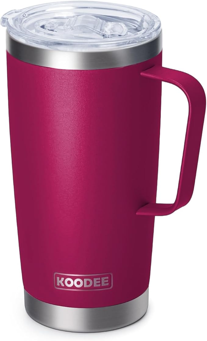 koodee Travel Coffee Mug with Lid, 20 oz Insulated Coffee Mug Stainless Steel Double Wall Camping Coffee Cup, Spill Proof (Fuchsia Red)