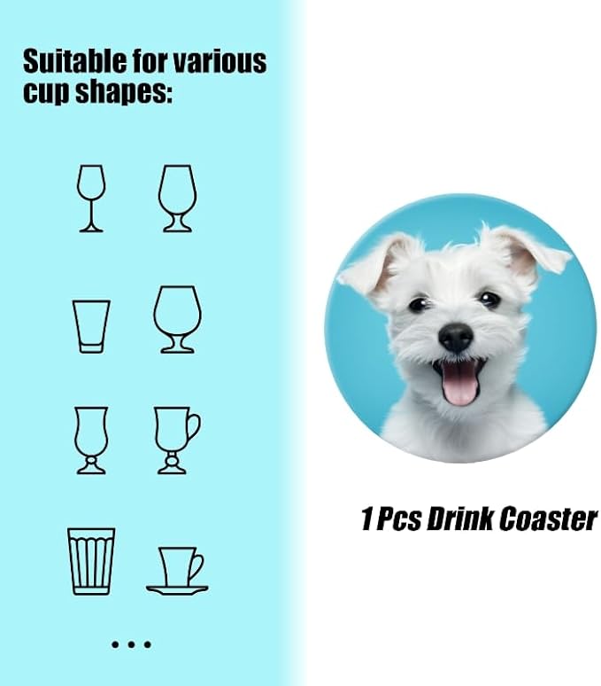 Ceramic Drink Coasters Absorbent Set of 1, White Puppy on Blue Background Round Anti Slip Modern Cup Coasters for Desk Kitchen Office Housewarming Hostess Gifts (4 * 4 Inch)