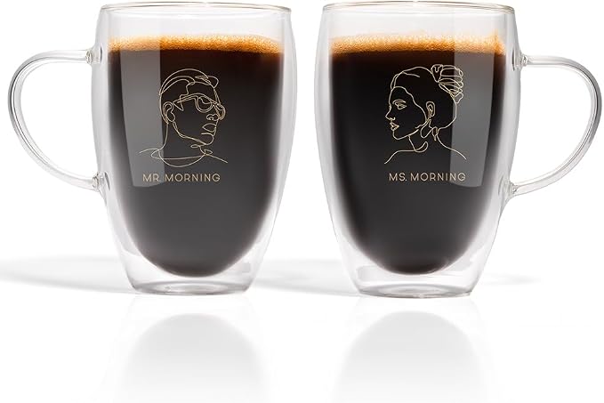 GLORAMA Double Walled Glass Coffee Mugs for Couples - Espresso Cups, Coffee Cups for Couples with Gold Line Art Inscription, Freezer & Microwave Safe (12oz)