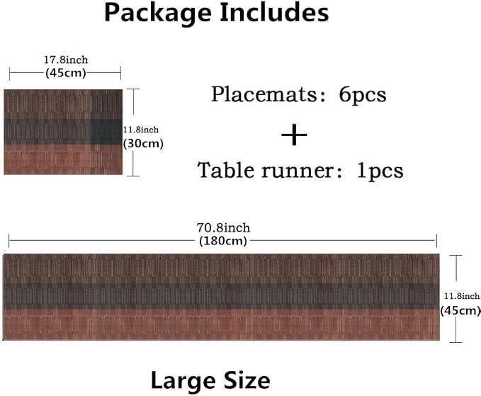 Placemats, Washable PVC Table Mats, Woven Vinyl Placemat for Dining Table Place Mats Set (6 placemats and 1 Table Runner, Black and Brown)