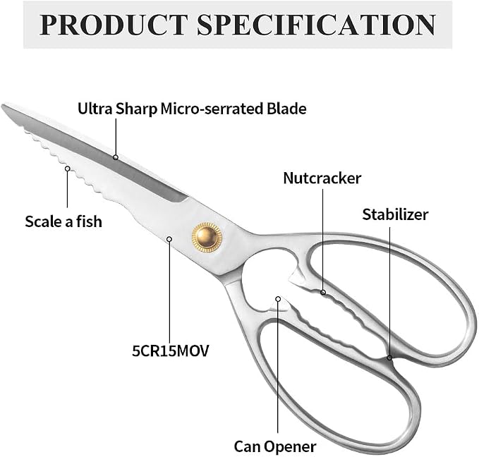 Professional Kitchen Scissors - Heavy Duty Stainless Steel Shears for Cutting Meat, Fish, Poultry, Vegetables, Pizza - Food Cutting Tools