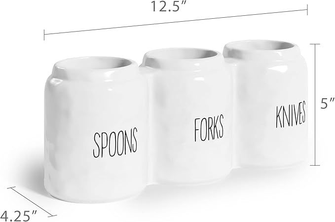 Barnyard Designs Silverware Caddy for Countertop - Cutlery Organizer for Spoon, Fork, and Knife - Ceramic Utensil Holder for Flatware or Plasticware - Perfect for Parties - 12.5” x 4.25” x 5” (White)
