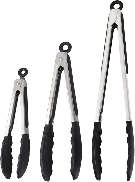 Kitchen Tongs with Silicone Tips, Kitchen Tongs, Cooking Tongs, Premium Stainless Steel Locking Cooking Tongs, Non-Slip Food Tongs for Cooking, Heavy Duty, Non-Stick, 480℉, Set of 3-7"/9"/12" Black