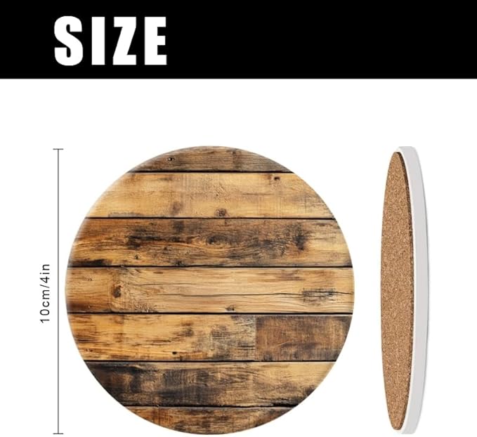Ceramic Drink Coasters Absorbent Set of 1, Wooden Wall with Brown Stain Pattern Round Anti Slip Modern Cup Coasters for Desk Kitchen Office Housewarming Hostess Gifts (4 * 4 Inch)