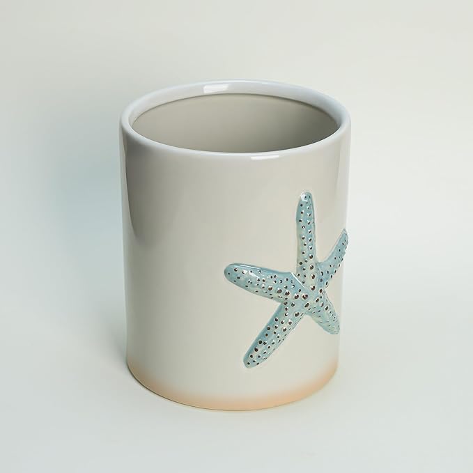Ceramic Starfish Embossed Utensil Holder, Large Cooking Utensil Crocks for Countertop, Ocean Style Utensil Organizer for Spatula