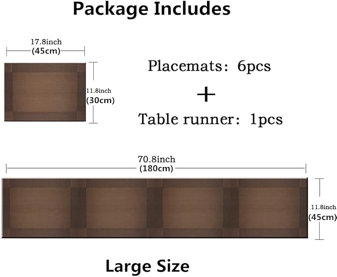 Placemats, Washable PVC Table Mats, Woven Vinyl Placemat for Dining Table Place Mats Set (6 Placemats and 1 Table Runner, Brown)