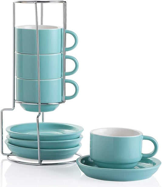 Sweejar Porcelain Espresso Cups with Saucers, 4 Ounce Stackable Cappuccino Cups with Metal Stand for Coffee Drinks, Latte, Tea - Set of 4 (Turquoise)