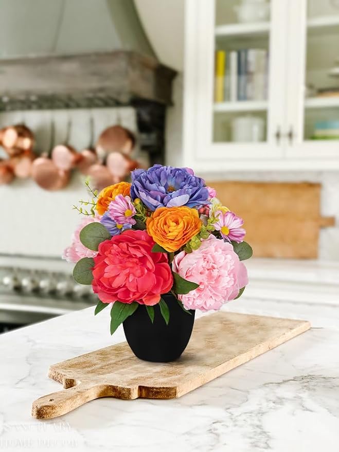 Briful Artificial Peonies Flower in Modern Black Pot, Farmhouse Table Floral Arrangements, Fake Spring Flower Centerpieces with Rose&Berries for Home Indoor Office Living Room Kitchen Decor