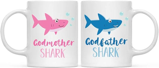 Andaz Press Baby Shark Family 11oz. Coffee Mug Gift Set, Godmother Shark, Godfather Shark, 2-Pack, Shark Do Do Do Gift Idea Birthday Christmas Gifts