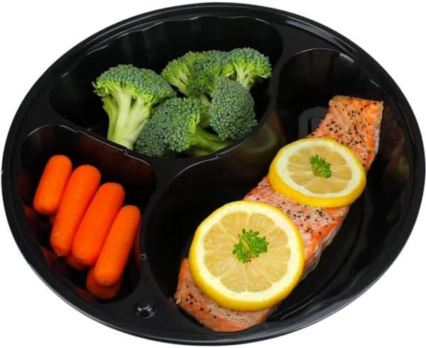 48oz - 3 Compartment - Disposable Black Bento Box with Clear Dome Lids - Round Plastic Meal Containers - Reusable Box : Perfect For Salad, Meal Prep and Fruits : Set of 100