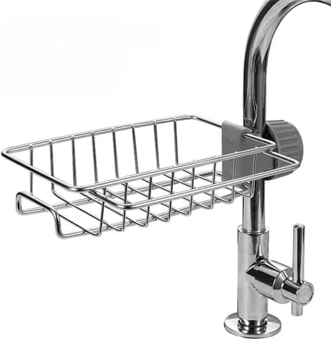 Sponge Holder Over Faucet Kitchen Sink Caddy Organizer, Stainless Steel Hanging Faucet Drain Rack for Soap, Scrubbers & Sponges, Rustproof Chrome Sink Organizer