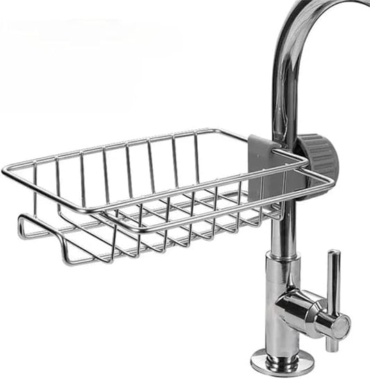 Sponge Holder Over Faucet Kitchen Sink Caddy Organizer, Stainless Steel Hanging Faucet Drain Rack for Soap, Scrubbers & Sponges, Rustproof Chrome Sink Organizer