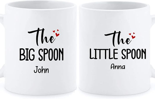 Personalized Couple Coffee Mugs Set Design For Couple, Set Of 2, Custom Name Couple Mug, Big Spoon Little Spoon Couples Coffee Cup Gifts For Anniversary, Love Gifts, Couple Cup, White 11oz 15oz