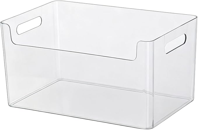 Transparent plastic storage box with lid and handle, stackable kitchen organizer for refrigerator, cabinet, pantry, bathroom, and office (Transparent color (without lid), L)