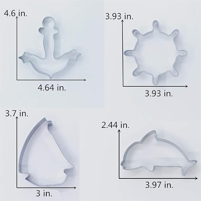 LILIAO Nautical Cookie Cutter Set - 4 Piece - Anchor, Sailboat, Rudder and Dolphin Biscuit Fondant Cutters - Stainless Steel