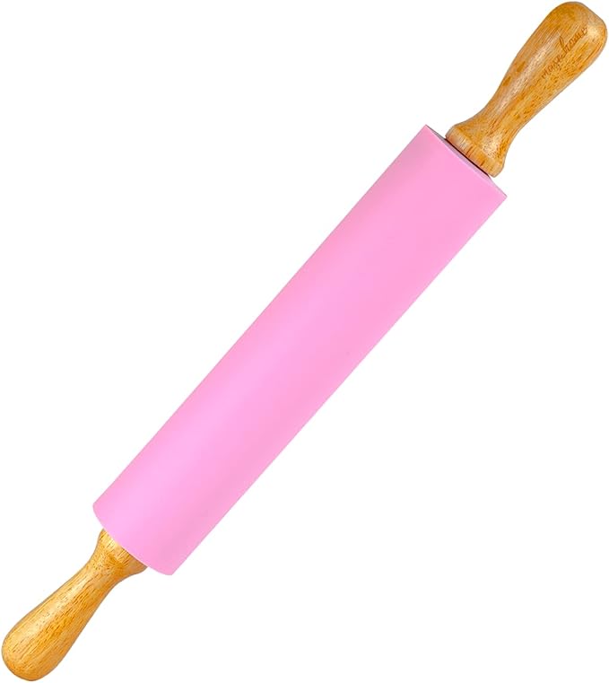 [mase home] Silicone Rolling Pin for Baking – 17" Non-Stick Dough Roller with Wooden Handles (Pink)
