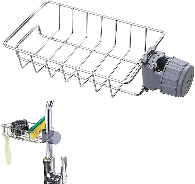 LONIN Stainless Steel Kitchen Sink Organizer Caddy – Over Faucet Sponge & Brush Holder, Rust-Resistant, Adjustable Universal Fit Faucet Rack, Quick Drain Sink Space Saver