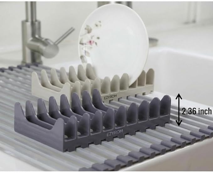 Large Aluminum Roll Up Dish Drying Rack (20.5" x 13") -Fits Sink Openings up to 19.5 Inches, Heavy Duty Square Bar, Rust-Proof & Heat Resistant with Removable Dish Holder (Purple Gray Large)