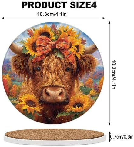 Highland Cow Coasters Set of 6, 4inch Coasters for Drinks Absorbent Stone with Holder Sunflower Decorations Ceramic Drink Coaster for Tabletop Protection, Coffee Table Decor for Home Decor