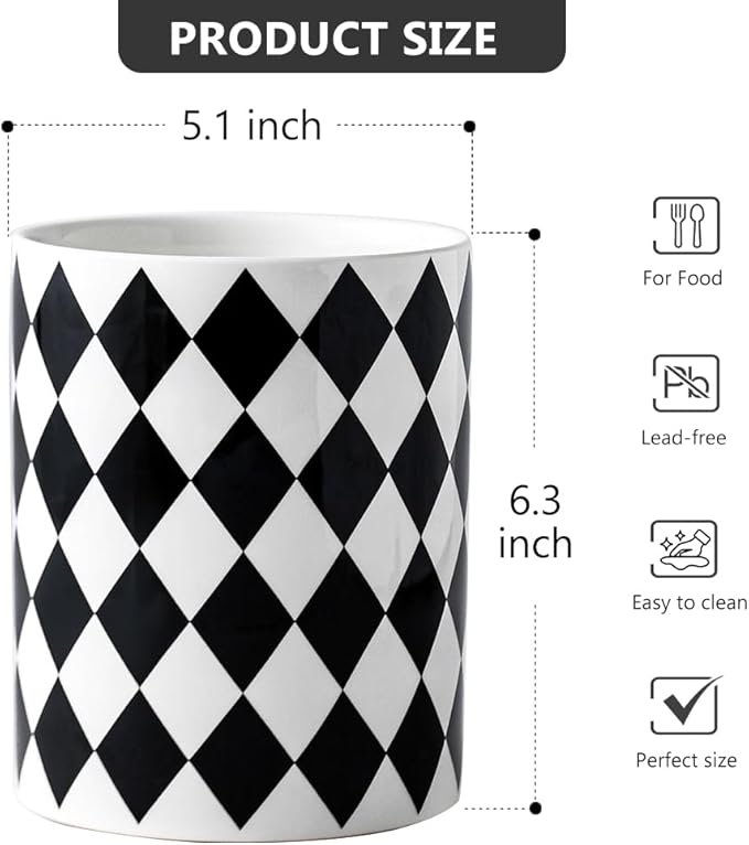 Kitchen Utensil Holder, 6.3 Inch Checkered Large Ceramic Cooking Utensil Holder Modern Utensil Crocks for Kitchen Counter-Farmhouse, Housewarming Gift, Decor and Accessories (Diamond Black, 6.3 Inch)
