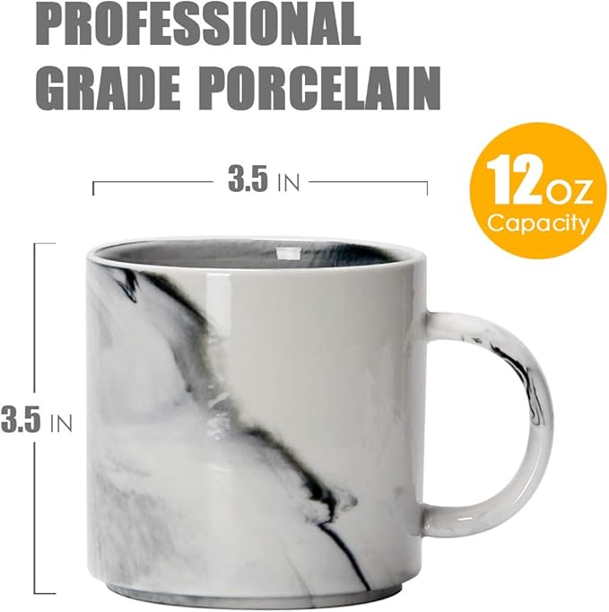12 oz Stackable Coffee Mugs for Office, M101 Novelty Marble Ceramic Cup for Boy Girl lover Women Men, Set of 4, Gray