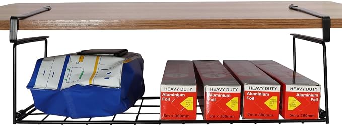 Foil and Plastic Wrap Organizer Kitchen Under Cabinet Desk Pantry Hanging Organizer Storage Foldable Rack (Black)