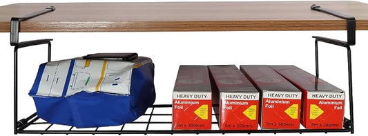 Foil and Plastic Wrap Organizer Kitchen Under Cabinet Desk Pantry Hanging Organizer Storage Foldable Rack (Black)