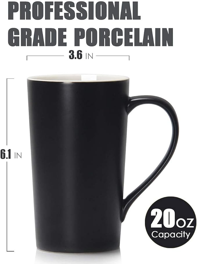20 oz Large Coffee Mugs, M007 Plain Tall Ceramic Cup with Handle for Dad Men, Set of 2, Black