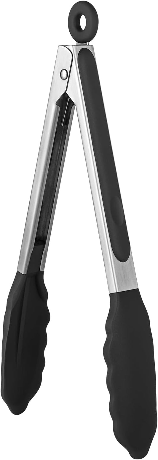 600ºF Heat Resistant Kitchen Tongs: U-Taste 9 inch Silicone Cooking Tong with Firm Sealed Non Stick Rubber Tips & Silicon Coated 18/8 Stainless Steel Handle & Smooth Locking for Serving Salad (Black)