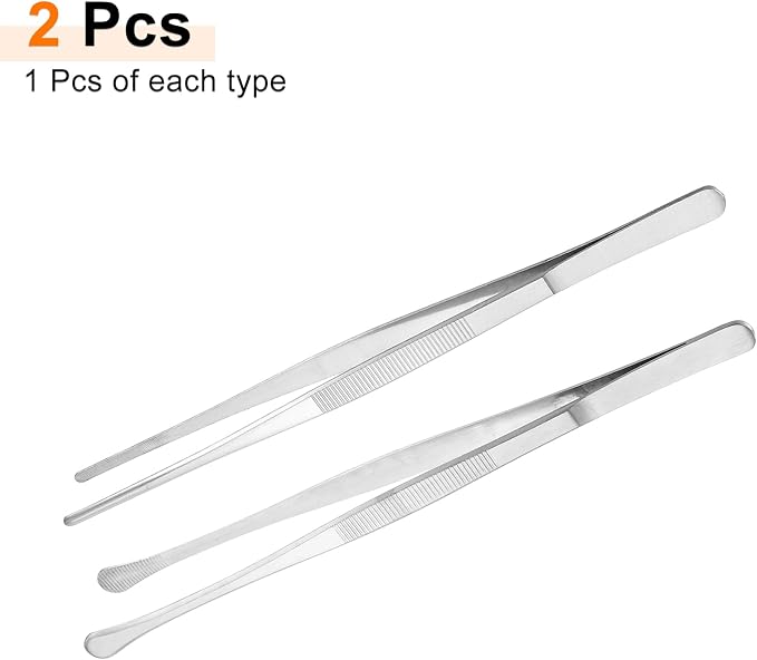 HARFINGTON 2pcs 12 Inch Fine Tweezer Tongs Extra-Long Stainless Steel Non-Slip Kitchen Cooking Tweezers Tongs with Round Tip for Repairing Roasting Barbecue Baking