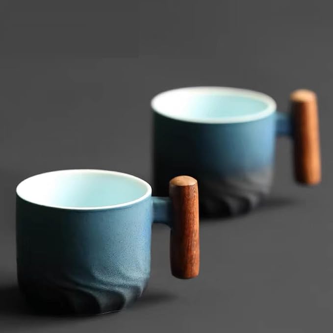 2.5oz Ceramic Espresso Cups with Wooden Handle, Chinese KungFu Tea Cup, Coffee Cups Set of 4 (Green/Blue)