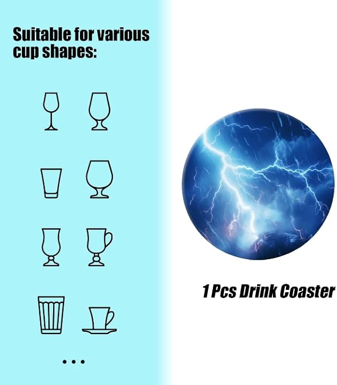 Ceramic Stone Cork Coasters for Drinks Tableware, Dark Blue Sky with Lightning Striking Earth Round Absorbent Durable Aesthetic Art Cup Mat Protects Tables and Surfaces Set of 1 (4 * 4 Inch)