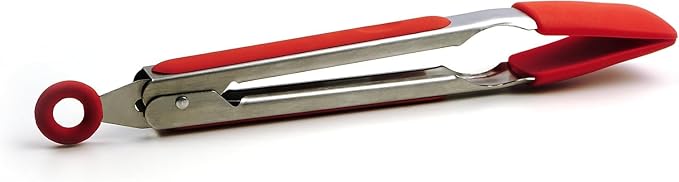 RSVP International Endurance Kitchen Utensil Collection Stainless Steel Locking Tongs for Cooking, 10.75" Length, Square Tip, Red Non-Slip Silicone