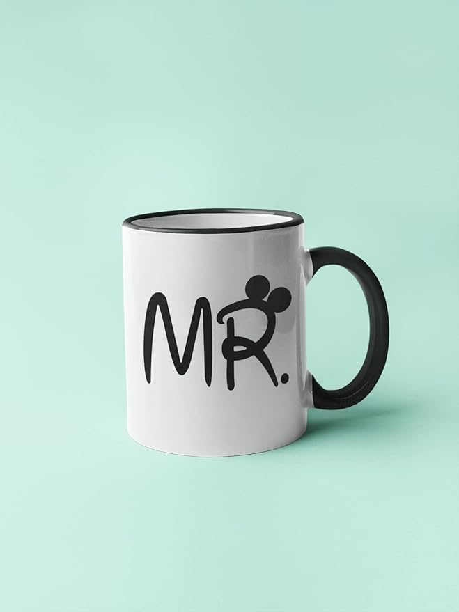 Promotion & Beyond Mr and Mrs Mug Set Matching Coffee Mug Set Gift for Couples MCPL130 (Ceramic, 11 oz. (Set of 2)) White/Black Handle & Rim