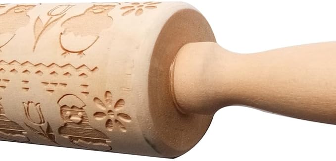DECHOUS Easter Embossed Rolling Pin 13.78 Inch Chicken Flower Pattern Wooden Dough Roller for Baking - Home Kitchen Essential Rolling Pin for Cookie Dough Pastry Pizza Fondant