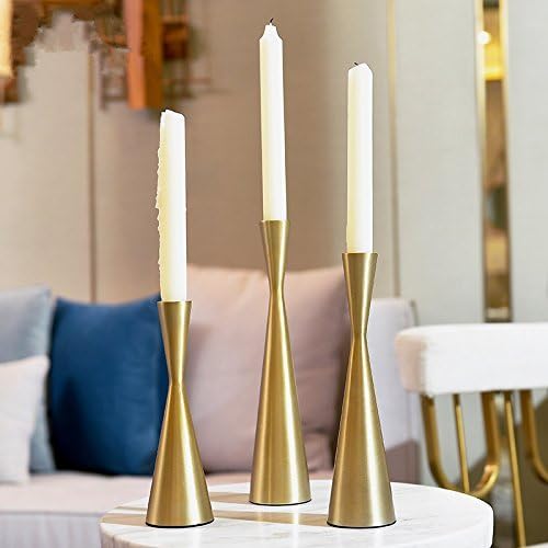 Set of 3 Brass Gold Metal Taper Candle Holders Candlestick Holders, Vintage & Modern Decorative Centerpiece Candlestick Holders for Table Mantel Wedding Housewarming (Brass Golden, S+M+L/Set)