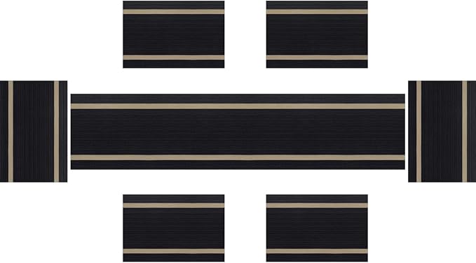 PIGCHCY Luxurious Placemats and Table Runner Set, Stylish Durable Placemats Set of 6 for Home Wedding Hotel Decoration (Black)