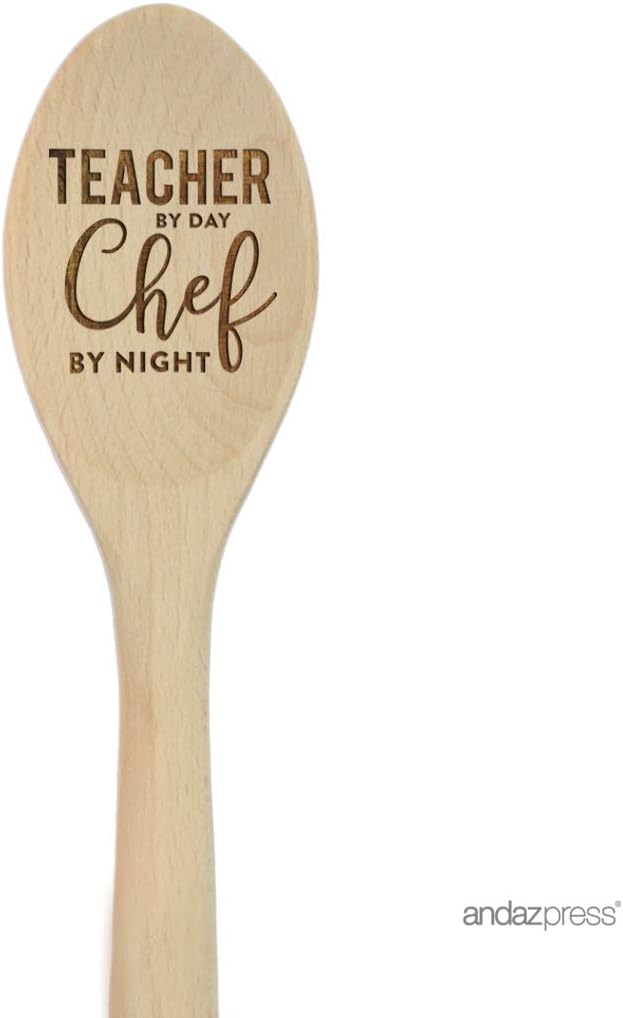 Andaz Press Laser Engraved Wooden Mixing Spoon, 12-inch, Teacher By Day Chef By Night, 1-Pack, Back to School Graduation Birthday Christmas Gift Ideas