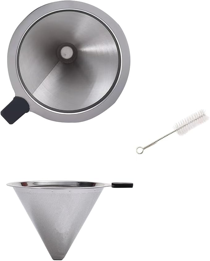 Double Mesh Pour Over Coffee Filter Set - 600+800 Mesh Reusable Stainless Steel Coffee Filter with Detachable Handle, Easy Clean, 2-in-1 for Drip/Cold Brew/Espresso,Fits Most V60/Chemex Brewers