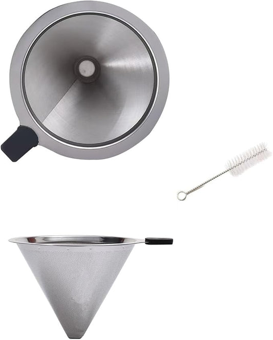 Double Mesh Pour Over Coffee Filter Set - 600+800 Mesh Reusable Stainless Steel Coffee Filter with Detachable Handle, Easy Clean, 2-in-1 for Drip/Cold Brew/Espresso,Fits Most V60/Chemex Brewers