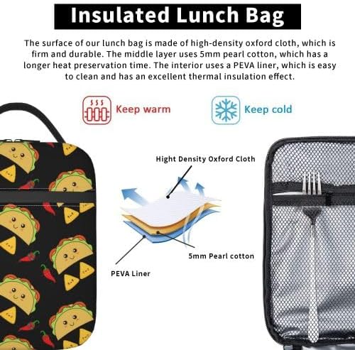 YETTA YANG Mexican Taco Chips Funny Cute Black Yellow Portable Lunch Bag Insulated Lunch Box Reusable Totes For Women Men Work Picnic Camping