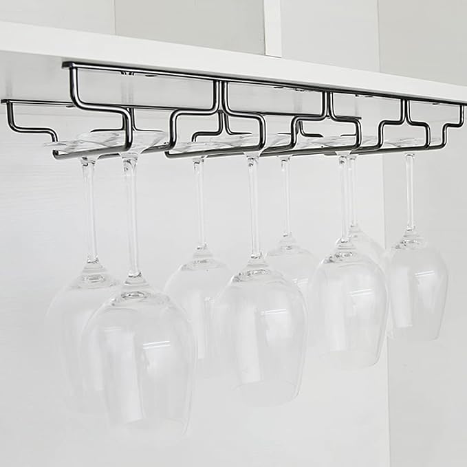 Black Wine Glass Rack - Under Cabinet Stemware Rack, Holds up to 14 Glasses, Hanging Stemware Holder, Stainless Steel Glasses Storage Hanger for Home Kitchen Bar